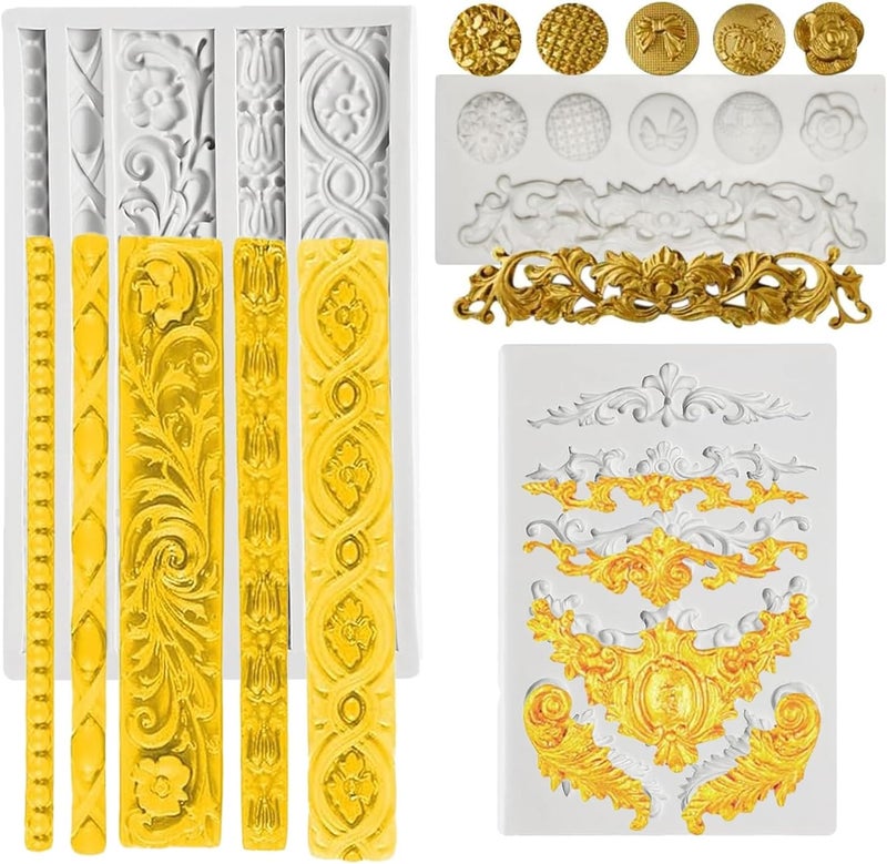 Pofflujent 3 Pcs Baroque Silicone Molds Baroque Style Curlicues Scroll Lace Fondant Silicone Mold Scroll silicone Baroque Mold Relief Flower Lace Mould for Wedding Birthday Cake Decoration - Image 1